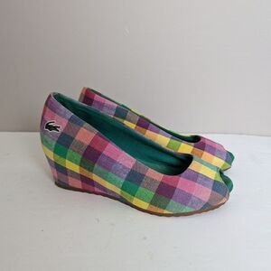 Lacoste Madras Plaid Wedge Peep Toe Shoes – Size 5